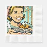 Retro Mom holding Plate of Halloween Pumpkin Seeds Napkins