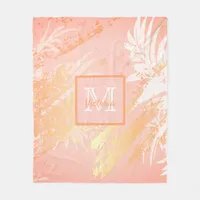 Coral rose gold tropical palm tree leaves fleece blanket