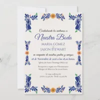 Navy Blue Minimalist Floral Classy Spanish Wedding Invitation