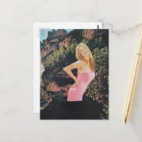 Surreal Blond Woman in a Pink Dress Collage Postcard