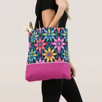 Vintage 60s Vibe Mod Daisies Color Block Tote Bag