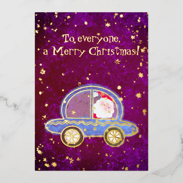 Santa in his car at Christmas Foil Holiday Card