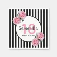 18th birthday pink floral black white stripes napkins