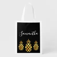 Black gold pineapples name script grocery bag