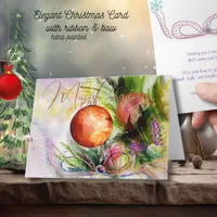 Watercolor Ornament and Festive Ribbon Christmas Card