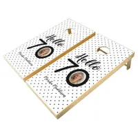 Hello 70 Black & White Dots Photo & Name Birthday Cornhole Set