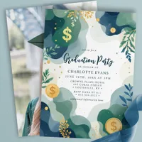 Green Blue Gold Finance Dollar Photo Grad Party Invitation