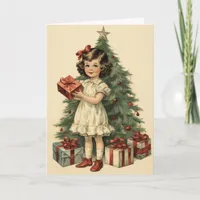 Cute Girl with Gifts Mid-Century Style Christmas Card