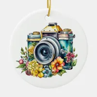 Retro Camera in Vintage Flowers Christmas Ceramic Ornament