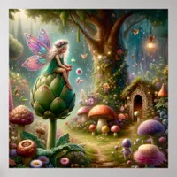 Fairy sitting on an Artichoke Magical Illutration Poster