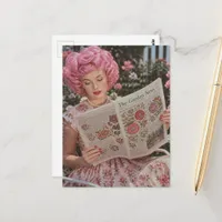 Retro Beautiful Pink Hair Lady Reading in Garden Postcard