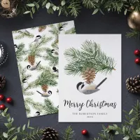 Christmas Chickadee on Pine Cone Rustic Winter Holiday Card