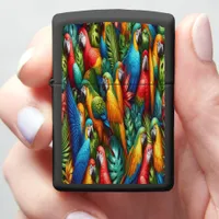 Abundant Tropical Parrots Among Green Foliage Zippo Lighter