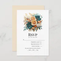 Teal, Burnt Orange & Champagne Floral Wedding RSVP Card