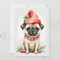 Christmas Pug with Red Hat Flat Holiday Card