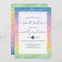 Rainbow Faux Glitter Elegant Sweet 16 Birthday Invitation