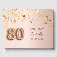 80th birthday rose gold pink stars name guest book