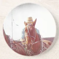 Two Horse Amish Team Faux Vintage Coaster