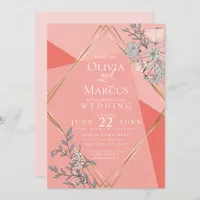 OnTrend Wedding Coral Floral Geometric Gold Frame Invitation