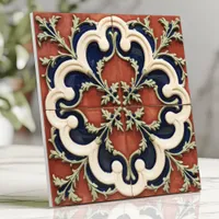 Vintage Italian Terracotta and Navy Ceramic Tile