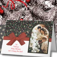 Elegant Floral Arch Photo Red Bow Christmas  Holiday Card