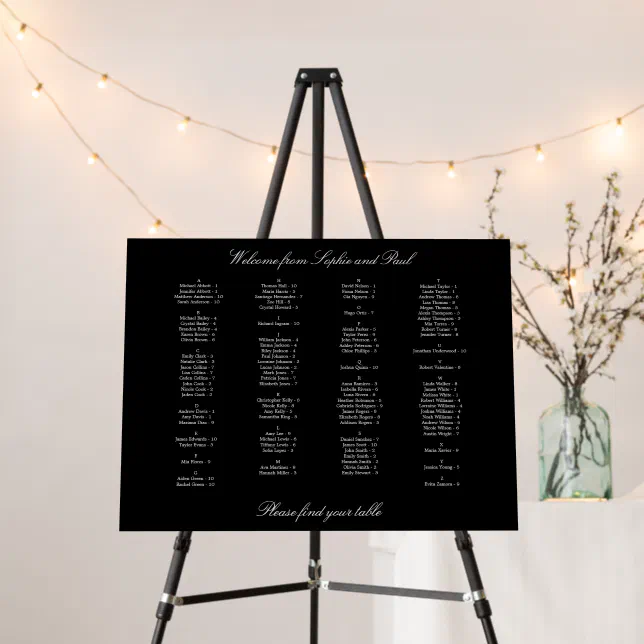 Elegant Black Alphabetical Seating Chart Foam Board