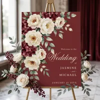Burgundy Ivory Watercolor Floral Wedding Welcome Foam Board