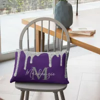 Royal Purple Silver Glitter Drips Monogram Lumbar Pillow