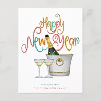 Teal Coral Gold Glitter Happy New Year Champagne Holiday Postcard