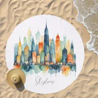 Watercolor City Skyline Modern Cool Urban Graphic Beach Towel