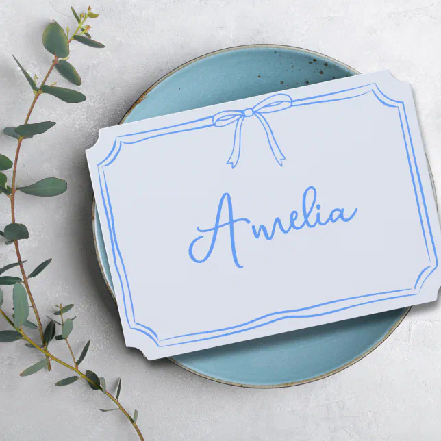 Handwritten Custom Name Coquette Bow Blue Notecard