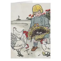 Vintage Girl With Chickens, E is an Egg Cards