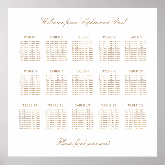 White Golden Beige 15 Table Wedding Seating Chart