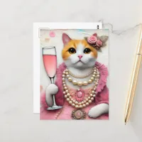 Adorable Cat Pink Dress With Pearls with Drink Postcard