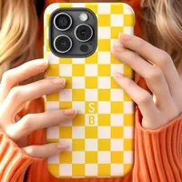 Monogrammed Yellow And White Checkerboard Pattern iPhone 15 Case