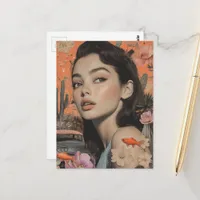 Vintage Woman in the Desert with Goldfish Surreal Postcard