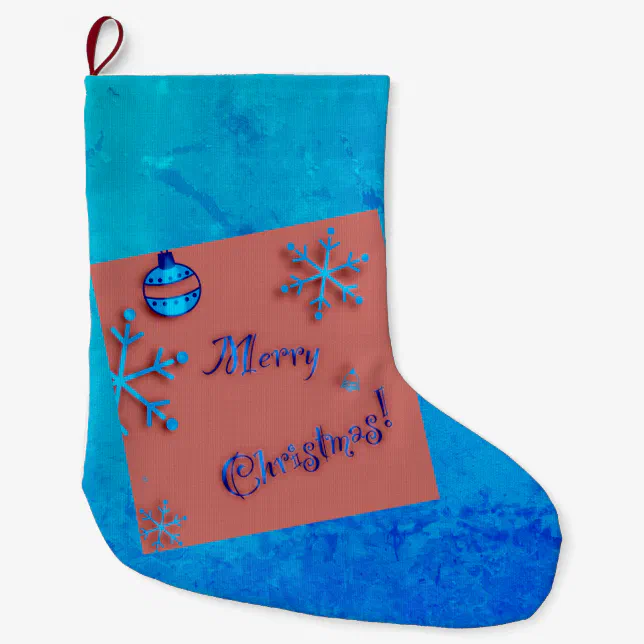 Merry Christmas , ornaments and snow crystals Large Christmas Stocking