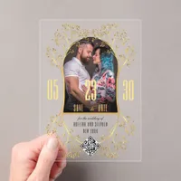 Preppy Floral Gold QR CODE Wedding Save the Date Acrylic Invitations