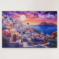 Sunset Santorini Island Illustration | Travel Art  Jigsaw Puzzle
