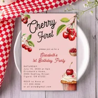 Cute Cherry First 1st Girly Birthday Pink Invitation