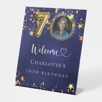 70th Birthday blue gold stars photo welcome Pedestal Sign