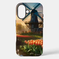 Windmill in Dutch Countryside by River with Tulips iPhone 16 Case