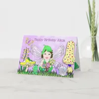 Whimsical Fairy Elf on Magic Mushroom Birthday Card