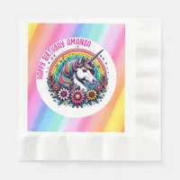 Colorful Unicorn and Rainbow Personalized Birthday Napkins