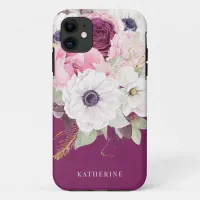 Elegant Blush Peony Burgundy Floral Monogram iPhone 11 Case