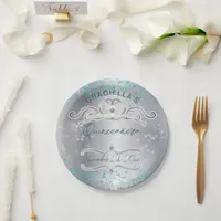 Silver Teal Jeweled Tiara Quinceañera Paper Plates