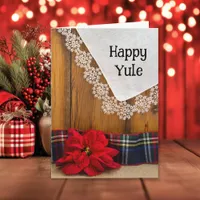 Rustic Poinsettia Flower and Plaid Happy Yule Holiday Card