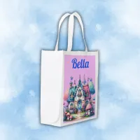 Pink & Blue Fairy Cottage Core Monogram on Pink | Grocery Bag