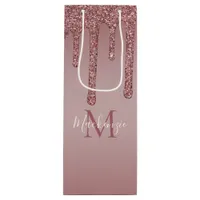 Luxury Rose Gold Dripping Glitter Monogram Wine Gift Bag