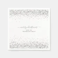 Glam Silver Glitter Name Merry Christmas White Napkins